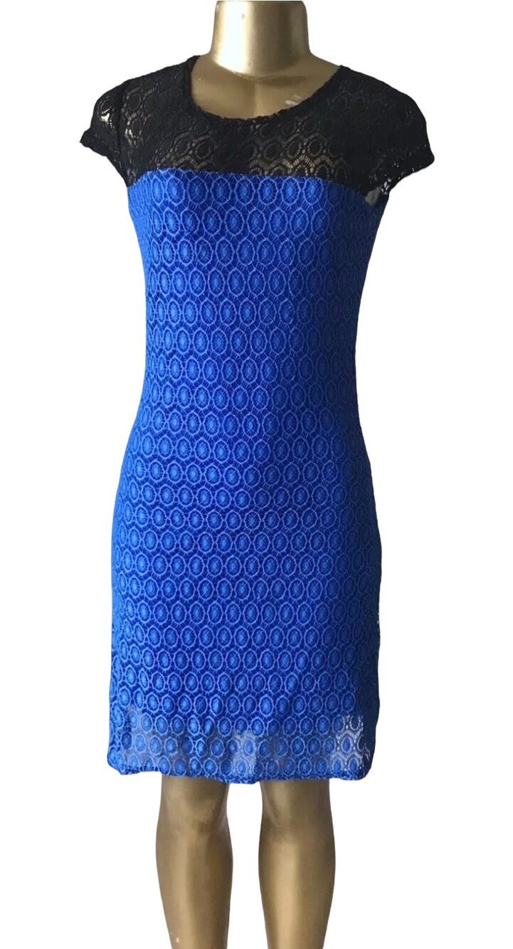 Jessica Taylor Blue Black Crochet Lace Colorblock Dress Size Large